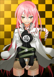 Rule 34 | belt, char, face, long hair, necktie, pink hair, shorts, solo, thighhighs, yellow eyes