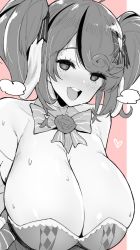 Rule 34 | 1girl, bonnie (bunny gif), bow, breasts, cleavage, commentary, english commentary, eyebrows hidden by hair, freedom nakai, hair bow, half-closed eyes, huge breasts, indie virtual youtuber, leaning forward, looking at viewer, monochrome, open mouth, second-party source, smile, solo, spot color, steam, sweat, symbol-shaped pupils, twintails, virtual youtuber