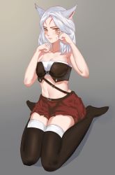 Rule 34 | 1girl, akichen, animal ears, bad id, bad pixiv id, bare shoulders, black thighhighs, breasts, brown eyes, cat ears, cleavage, closed mouth, collarbone, eyebrows, final fantasy, final fantasy xiv, full body, gradient background, highres, looking at viewer, medium breasts, medium hair, miqo&#039;te, navel, red skirt, simple background, sitting, skirt, solo, thighhighs, wariza, white hair