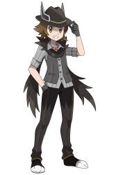 Rule 34 | 1boy, absurdres, asatsuki (fgfff), black pants, brown eyes, brown hair, buttons, collared shirt, commentary request, creatures (company), floating scarf, full body, game freak, gloves, grey gloves, grey shirt, grey vest, grin, hand in pocket, hand up, hat, highres, hilbert (fall 2020) (pokemon), hilbert (pokemon), jewelry, looking at viewer, male focus, necklace, nintendo, official alternate costume, pants, pokemon, pokemon ears, pokemon masters ex, scarf, shirt, short hair, simple background, sleeves rolled up, smile, solo, standing, teeth, vest, white background
