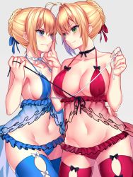 Rule 34 | &gt;:), 10s, 2girls, ahoge, artoria pendragon (all), artoria pendragon (fate), babydoll, bare arms, bare shoulders, bikini, black neckwear, black ribbon, blue bikini, blue eyes, blue panties, blue thighhighs, bow, braid, breasts, choker, cleavage, closed mouth, collarbone, couple, eye contact, fate/extra, fate/stay night, fate (series), female focus, finger to another&#039;s cheek, finger to cheek, frilled bikini, frilled swimsuit, frills, gendo0032, green eyes, grey background, hair intakes, hair ribbon, halterneck, holding, index finger raised, large breasts, looking at another, medium breasts, midriff, multiple girls, naughty face, navel, neck, nero claudius (fate), nero claudius (fate) (all), nero claudius (fate/extra), official alternate costume, panties, red bikini, red legwear, red panties, red ribbon, ribbon, ribbon choker, saber (fate), see-through, short hair, side-by-side, sideboob, simple background, smile, standing, stomach, sweat, swimsuit, thighhighs, type-moon, underwear, underwear only, v-shaped eyebrows, white choker, white ribbon, yuri