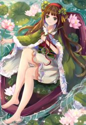 Rule 34 | 1girl, bad feet, barefoot, brown hair, cape, flower, green cape, green eyes, hair ornament, hairband, holding, holding flower, lily pad, looking at viewer, lotus, mthelen, original, outdoors, ripples, rowboat, sketch, skirt, smile, soaking feet, solo, water, white skirt