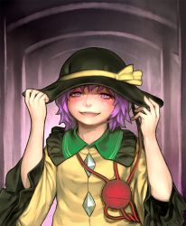 Rule 34 | 1girl, adjusting clothes, adjusting headwear, blush, bow, cosplay, envenomist (gengoroumaru), eyeball, frills, hat, hat bow, hat ribbon, holding, image sample, komeiji koishi, komeiji koishi (cosplay), komeiji satori, long sleeves, looking at viewer, open mouth, pink eyes, pink hair, pulling, ribbon, shaded face, short hair, simple background, smile, solo, third eye, touhou, trembling, wide sleeves