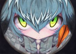 Rule 34 | 10s, 1girl, arms at sides, bird wings, black hair, blush, bodystocking, checkered floor, closed mouth, collared shirt, expressionless, fisheye, green eyes, grey necktie, grey shirt, head wings, kemono friends, kittona, long hair, looking at viewer, looking up, low ponytail, multicolored hair, necktie, orange hair, pocket, shirt, shoebill (kemono friends), short sleeves, side ponytail, silver hair, silver necktie, solo, standing, staring, traditional media, upper body, watercolor pencil (medium), wing collar, wings