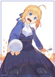 Rule 34 | 1girl, ahoge, artist name, artoria pendragon (all), artoria pendragon (fate), black pantyhose, blonde hair, blue eyes, bowl, braid, fate/grand order, fate (series), french braid, from behind, nakta, pantyhose, rice bowl, saber (fate), solo, spoon, upskirt, wavy mouth, white background