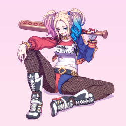 Rule 34 | 1girl, artist request, ass, baseball bat, batman (series), blonde hair, blue eyes, blue hair, boots, breasts, colored tips, dc comics, fishnets, gloves, grin, harley quinn, high heel boots, high heels, lipstick, long hair, makeup, matching hair/eyes, multicolored hair, naughty face, pantyhose, short shorts, shorts, single glove, sitting, smile, solo, suicide squad, twintails