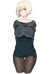 Rule 34 | 1girl, arms behind back, bad artstreet id, bad id, black pantyhose, blee, blonde hair, blush, breasts, brown eyes, closed mouth, collarbone, cowboy shot, cropped legs, grey background, high-waist skirt, highres, large breasts, long sleeves, looking at viewer, original, pantyhose, pencil skirt, shirt, short hair, simple background, skirt, solo, striped clothes, striped shirt, thighs
