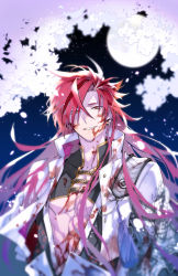 Rule 34 | 1boy, abs, black kimono, blood, blood on clothes, blood on face, blurry, depth of field, dragon print, earrings, eyebrow cut, falling petals, fate/grand order, fate (series), flower, full moon, hair down, hair over one eye, high collar, jacket, japanese clothes, jewelry, kimono, kotobuki toro, long hair, looking at viewer, male focus, moon, multiple earrings, night, o-ring, open clothes, open jacket, open kimono, parted lips, petals, red eyes, red hair, shrug (clothing), smirk, solo, takasugi shinsaku (fate), tassel, toned, toned male, underpec, upper body, white jacket