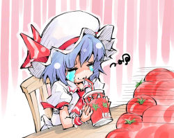 Rule 34 | 1girl, ascot, blue hair, chair, closed eyes, crying, dress, drinking, hat, hat ribbon, juice, puffy sleeves, remilia scarlet, ribbon, shinapuu, short sleeves, sitting, solo, streaming tears, table, tears, tomato, tomato juice, touhou, white dress, wrist cuffs