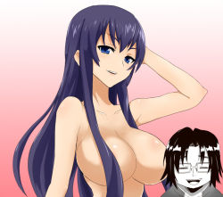 Rule 34 | 1boy, 1girl, arms up, bad id, bad pixiv id, bare shoulders, blue eyes, blush, breasts, busujima saeko, censored, character censor, cleavage, convenient censoring, convenient head, covering privates, glasses, hair censor, hair over one breast, highschool of the dead, hirano kouta (hsotd), large breasts, long hair, censored nipples, novelty censor, open mouth, purple hair, shuuhei (artist), shuuhei (shoohey), smile, topless, upper body