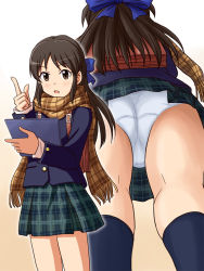 Rule 34 | 1girl, ass, backpack, bag, beige background, black socks, blazer, blue bow, blue jacket, blush, bow, brown eyes, brown hair, brown scarf, commentary request, commission, crotch seam, fringe trim, from below, gradient background, green skirt, hair bow, holding, holding tablet pc, idolmaster, idolmaster cinderella girls, index finger raised, jacket, kneehighs, lielos, light frown, long hair, long sleeves, looking at viewer, miniskirt, mtu virus, multiple views, open mouth, panties, partial commentary, pixiv commission, plaid, plaid scarf, plaid skirt, pleated skirt, scarf, skirt, socks, standing, tablet pc, tachibana arisu, underwear, upskirt, white panties