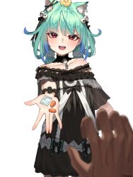 Rule 34 | absurdres, alternate costume, animal ear fluff, animal ears, bintz, dress, green hair, happy, highres, hololive, long hair, looking at viewer, open mouth, pill, red eyes, smile, strapless, strapless dress, uruha rushia, uruha rushia (3rd costume), virtual youtuber