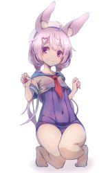 Rule 34 | 1girl, ahoge, animal ear fluff, animal ears, arms up, barefoot, covered navel, crop top, hair ornament, hairclip, hat, kneeling, long hair, low twintails, mosui (kori can), no pants, one-piece swimsuit, paw pose, pink eyes, pink hair, rabbit ears, school swimsuit, school uniform, serafuku, shirt, simple background, smile, solo, swimsuit, swimsuit under clothes, thighs, toes, tomari mari, tomari mari channel, twintails, virtual youtuber, wet, wet clothes, wet shirt, white background, white hat, white shirt