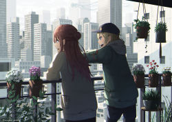 Rule 34 | 1boy, 1girl, :d, :o, absurdres, badge, balcony, brown eyes, brown hair, building, button badge, charm (object), city, flower, hanagamigendai, hat, highres, hood, hood down, jacket, open mouth, original, outdoors, plant, pocket, potted plant, railing, skyscraper, smile