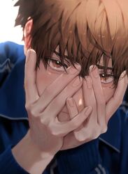 Rule 34 | 1boy, blue jacket, blush, brown eyes, brown hair, close-up, collared jacket, covering face, embarrassed, female pov, fingernails, garbage time, gugong (90 un), hands on own face, highres, jacket, ki sangho, leaning forward, looking at viewer, male focus, mole, mole under eye, portrait, pov, short hair, shy, simple background, solo, track jacket