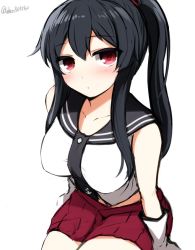 Rule 34 | 1girl, black hair, breasts, cowboy shot, don (29219), gloves, kantai collection, large breasts, long hair, looking at viewer, midriff, necktie, pleated skirt, ponytail, red eyes, red skirt, school uniform, scrunchie, serafuku, sidelocks, simple background, sitting, skirt, solo, twitter username, white background, white gloves, yahagi (kancolle)