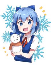 Rule 34 | 1girl, :d, blue bow, blue eyes, blue hair, blush, bow, cirno, collarbone, collared shirt, commentary request, cropped torso, dress, flat chest, hair bow, happy, highres, holding snowman, miz (mizillustration), neck ribbon, no wings, notice lines, open mouth, pinafore dress, puffy short sleeves, puffy sleeves, red ribbon, ribbon, scarf, shirt, short hair, short sleeves, sleeveless dress, smile, snowflake background, snowman, solo, standing, teeth, tongue, touhou, upper body, upper teeth only, white background, wing collar