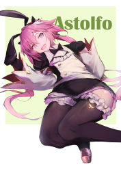 Rule 34 | 1boy, astolfo (fate), astolfo (saber) (fate), astolfo (saber) (third ascension) (fate), bkko, black bow, black gloves, black ribbon, black thighhighs, blush, bow, bowtie, character name, commentary request, dress, fang, fate/apocrypha, fate/grand order, fate (series), frills, gloves, hair bow, hair intakes, hair ornament, hair ribbon, highres, long hair, long sleeves, looking at viewer, male focus, multicolored hair, pink hair, purple eyes, ribbon, skin fang, solo, streaked hair, thighhighs, trap, twintails, white hair