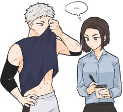 Rule 34 | 1boy, 1girl, abs, age difference, blue shirt, breasts, brown eyes, brown hair, clothes pull, collared shirt, dress shirt, elbow pads, enaga fumi, eyebrows, eyelashes, formal, gumo hq, haikyuu!!, holding, holding notepad, holding pen, hoshiumi kourai, long sleeves, looking at another, notepad, pen, shirt, short hair, simple background, sleeveless, sportswear, standing, straight hair, sweat, thought bubble, toned, toned male, upper body, veins, white background, white hair