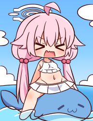 Rule 34 | &gt; &lt;, 1girl, ahoge, bare arms, bare shoulders, barefoot, bikini, blue archive, blue sky, blush, breasts, chibi, closed eyes, cloud, collarbone, day, facing viewer, frilled bikini, frills, full body, groin, hair between eyes, hair bobbles, hair ornament, halo, hana kazari, highres, horizon, hoshino (blue archive), hoshino (swimsuit) (blue archive), inflatable dolphin, inflatable toy, long hair, low twintails, navel, ocean, open mouth, outdoors, pink hair, sitting, sky, small breasts, solo, straddling, swimsuit, twintails, very long hair, water, wavy mouth, white bikini