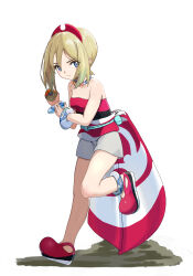 Rule 34 | 1girl, absurdres, blonde hair, blue eyes, bracelet, closed mouth, collar, collarbone, commentary request, creatures (company), eyelashes, full body, game freak, grey shorts, highres, holding, holding poke ball, irida (pokemon), jewelry, kun (user tmwh7453), nintendo, poke ball, poke ball (legends), pokemon, pokemon legends: arceus, red footwear, sash, shirt, shoes, shorts, solo, standing, standing on one leg, strapless, strapless shirt, waist cape, white background