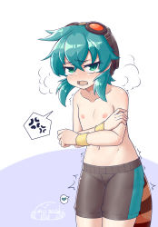 Rule 34 | 1girl, 2021, ^^^, absurdres, anger vein, artist name, black male swimwear, black swim trunks, blue hair, blush, crossdressing, crossed bangs, embarrassed, female focus, flat chest, goggles, goggles on head, green eyes, hair between eyes, heart, highres, kemono friends, lizard tail, looking at viewer, lower teeth only, male swimwear, male swimwear challenge, miji doujing daile, nipples, open mouth, outie navel, solo, spoken anger vein, spoken heart, swim trunks, swimsuit, tail, tears, teeth, topless, tsuchinoko (kemono friends), wristband
