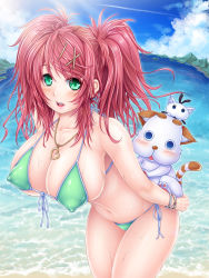 Rule 34 | 1girl, amanchu!, beach, bikini, blush, breasts, covered erect nipples, female focus, green eyes, hair ornament, hairclip, heart, highres, huge breasts, jewelry, long hair, navel, necklace, ninomiya ai, nipples, ocean, open mouth, puffy nipples, red hair, ri-su002, solo, swimsuit, thighs, twintails, water, wet
