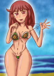 Rule 34 | 1girl, absurdres, bikini, bikini pull, breast lift, breasts, clothes pull, dralliteration, flower bikini, gluteal fold, green bikini, groin, highres, lifted by self, medium breasts, non-web source, original, pulled by self, red eyes, red hair, solo, standing, stomach, swimsuit, thigh gap, thighs