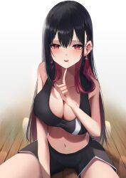 Rule 34 | 1girl, absurdres, amane sora, bare shoulders, black hair, black shorts, breast suppress, breasts, cleavage, collarbone, colored inner hair, finger to mouth, hair between eyes, highres, index finger raised, large breasts, leaning forward, long hair, looking at viewer, mole, mole under mouth, multicolored hair, navel, open mouth, original, red eyes, short shorts, shorts, shushing, sitting, smile, solo, sports bra, two-tone hair, unaligned breasts, wooden floor