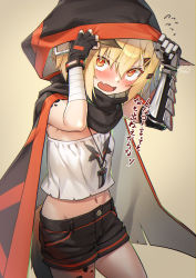 Rule 34 | 1girl, arknights, arms up, bandages, beige background, black cape, black gloves, black shorts, blonde hair, blush, cape, commentary request, cowboy shot, crop top, fang, fingerless gloves, flying sweatdrops, gloves, hair between eyes, highres, hood, hooded cape, jewelry, looking at viewer, material growth, midriff, mitake eil, navel, necklace, open mouth, orange eyes, oripathy lesion (arknights), short hair, shorts, skin fang, solo, standing, strapless, translation request, tube top, vermeil (arknights)