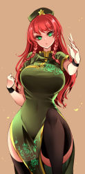 Rule 34 | 1girl, alternate costume, arms up, beret, black thighhighs, bow, braid, breasts, brown background, china dress, chinese clothes, dress, dress bow, green dress, green eyes, green hat, hands up, hat, hat ornament, highres, hong meiling, large breasts, leg up, long hair, looking at viewer, open mouth, raptor7, red hair, short sleeves, simple background, solo, standing, standing on one leg, star (symbol), star hat ornament, thighhighs, touhou, twin braids, wristband, yellow bow