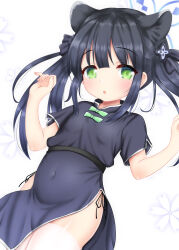 Rule 34 | 1girl, animal ears, black dress, black hair, black ribbon, blue archive, blush, china dress, chinese clothes, covered navel, dress, flat chest, green eyes, highres, hosizora mikoto, long hair, looking at viewer, ribbon, short sleeves, shun (blue archive), shun (small) (blue archive), solo, thighhighs, thighs, twintails, white background, white thighhighs