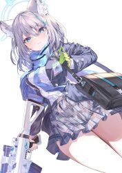 Rule 34 | 1girl, animal ears, assault rifle, black jacket, blue archive, blue eyes, blue scarf, closed mouth, cross hair ornament, fal maro, gloves, green gloves, grey hair, gun, hair ornament, highres, holding, holding gun, holding weapon, jacket, long sleeves, looking at viewer, medium hair, mismatched pupils, rifle, scarf, school uniform, shiroko (blue archive), shirt, sig sauer, sig sauer 556, simple background, single glove, skirt, solo, standing, weapon, white background, white shirt, wolf ears