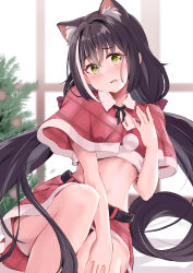 Rule 34 | 1girl, absurdres, belt, black belt, black hair, blush, capelet, christmas, christmas tree, crop top, embarrassed, highres, indoors, karyl (princess connect!), long hair, looking at viewer, low twintails, miniskirt, multicolored hair, navel, open mouth, princess connect!, red capelet, red skirt, santa costume, sitting, skirt, solo, streaked hair, twintails, two-tone hair, very long hair, white hair, yoru (user vewa8437)