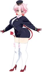 Rule 34 | 1girl, blush, breasts, curvy, demon girl, demon tail, earrings, full body, gloves, hat, indie virtual youtuber, jewelry, large breasts, looking at viewer, pencil skirt, pink eyes, pink hair, pointy ears, red gloves, short hair, shulliy baudelair, shulliy baudelair (vtuber), skirt, smile, solo, standing, tail, thick thighs, thighhighs, thighs, uniform, virtual youtuber, white thighhighs