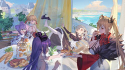 Rule 34 | 5girls, absurdres, azur lane, baguette, balcony, black dress, black footwear, blonde hair, bow, bread, breasts, character request, cleavage, detached collar, detached sleeves, dress, falling, feather dress, food, food request, formidable (azur lane), frilled dress, frills, from side, full body, fur trim, grey hair, hair bow, hair ribbon, high heels, highres, holding, holding spoon, huge breasts, javelin (azur lane), javelin (retrofit) (azur lane), large breasts, long hair, long sleeves, looking at another, meat, medium breasts, multiple girls, nelson (azur lane), nelson (retrofit) (azur lane), orange eyes, outdoors, pantyhose, purple bow, purple eyes, purple hair, red eyes, ribbon, royal oak (azur lane), shoes, spoon, tiered tray, twintails, two-tone dress, two-tone ribbon, very long hair, water, white pantyhose, wide sleeves, xiaoguolidun