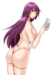 Rule 34 | 1girl, ass, back, blush, breasts, cellphone, covered erect nipples, itachou, long hair, looking at viewer, monogatari (series), one-piece swimsuit, phone, pink one-piece swimsuit, purple eyes, purple hair, senjougahara hitagi, sideboob, simple background, slingshot swimsuit, smartphone, solo, swimsuit, thighs, white background