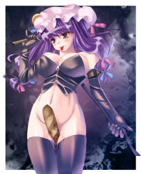 Rule 34 | 1girl, bow, bread, breasts, cleavage, dominatrix, elbow gloves, female focus, food, gloves, highres, ichio, large breasts, long hair, no panties, patchouli knowledge, pink bow, purple hair, solo, thighhighs, touhou