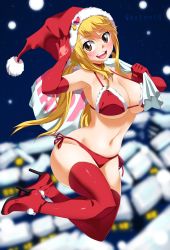Rule 34 | 1girl, armpits, bare shoulders, bikini, blonde hair, blush, boots, breasts, brown eyes, christmas, cleavage, elbow gloves, fairy tail, female focus, gaston18, gloves, hat, high heel boots, high heels, highres, large breasts, long hair, looking at viewer, lucy heartfilia, navel, open mouth, red footwear, red thighhighs, santa costume, santa hat, side-tie bikini bottom, skindentation, smile, solo, swimsuit, thigh boots, thighhighs, twintails