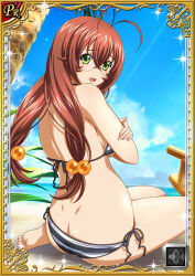 Rule 34 | 1girl, barefoot, beach, bikini, blue sky, blush, breasts, breasts squeezed together, brown hair, card (medium), curvy, day, embarrassed, glasses, green eyes, hair ornament, ikkitousen, large breasts, long hair, looking at viewer, looking back, official art, open mouth, outdoors, ryuubi gentoku, shiny skin, side-tie bikini bottom, sky, solo, striped bikini, striped clothes, sweat, swimsuit, very long hair, wide hips