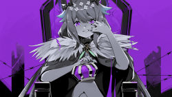 Rule 34 | 1girl, cape, crossed legs, crown, enna alouette, eyebrows hidden by hair, feather trim, highres, king (vocaloid), moonie, mouth pull, nijisanji, nijisanji en, parody, purple eyes, purple theme, sitting, smile, solo, spot color, throne, virtual youtuber, vocaloid