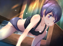 Rule 34 | 1girl, bare arms, bare shoulders, bed, black tank top, blue hair, blush, breasts, brown eyes, censored, collarbone, commentary request, curtains, feet out of frame, gc3, grey panties, hair bun, indoors, looking at viewer, navel, panties, parted lips, shima rin, sidelocks, single hair bun, small breasts, solo, sweat, tank top, underwear, yurucamp