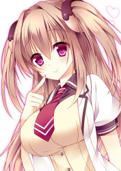 Rule 34 | 1girl, bad id, bad pixiv id, blush, borrowed character, breasts, brown hair, buttons, cassini m bisuko, finger to mouth, hair intakes, heart, large breasts, long hair, looking at viewer, necktie, original, puffy short sleeves, puffy sleeves, purple eyes, school uniform, short sleeves, simple background, smile, solo, sorai shin&#039;ya, tareme, twintails, two side up, upper body