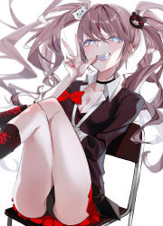 Rule 34 | 1girl, absurdres, ass, bad id, bad pixiv id, bear hair ornament, black choker, black footwear, black panties, blue eyes, boots, bow, breasts, chair, choker, cleavage, danganronpa: trigger happy havoc, danganronpa (series), enoshima junko, fang, gawawawa, grin, hair ornament, hand up, highres, knee boots, large breasts, long hair, miniskirt, necktie, panties, pleated skirt, red bow, red skirt, sitting, skirt, smile, solo, twintails, underwear