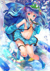 Rule 34 | 1girl, air bubble, ayane yui, backpack, bag, bare legs, black bow, blue eyes, blue footwear, blue hair, blue skirt, blush, boots, bow, breasts, bubble, chromatic aberration, commentary request, cucumber, detached sleeves, eating, food, full body, green hat, hair bobbles, hair ornament, hat, high heel boots, high heels, highres, holding, holding food, kawashiro nitori, key, legs, long hair, looking at viewer, miniskirt, navel, no bra, no panties, outstretched arm, pocket, puffy sleeves, rubber boots, screwdriver, skirt, small breasts, solo, stomach, thigh strap, thighs, touhou, twitter username, two side up, wrench