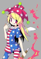 Rule 34 | 1girl, :q, american flag dress, american flag legwear, asameshi, blonde hair, blush stickers, clownpiece, commentary, cowboy shot, fairy wings, grey background, hand up, hat, holding, holding torch, jester cap, long hair, looking at viewer, neck ruff, polka dot headwear, purple hat, red eyes, short sleeves, smile, solo, star (symbol), star in eye, symbol in eye, tongue, tongue out, torch, touhou, wings