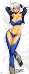 Rule 34 | 1girl, abs, ahoge, angel (kof), armpits, arms up, bare shoulders, black gloves, black panties, blue eyes, breasts, cleavage, collarbone, female focus, fingerless gloves, from above, gloves, hair over one eye, highres, jacket, large breasts, legs, looking at viewer, lying, mexico, midriff, navel, neck, on back, open clothes, open jacket, open mouth, panties, see-through, shiny skin, shoes, short hair, smile, snk, solo, st.germain-sal, strapless, the king of fighters, toned, tube top, underwear, white hair