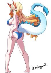Rule 34 | 1girl, absurdres, antlers, artist name, ass support, bikini, blonde hair, blue bikini, breasts, closed mouth, dragon girl, dragon tail, full body, fur-tipped tail, green eyes, highres, horns, large breasts, looking at viewer, looking back, mikagura, original, pointy ears, sidelocks, simple background, slit pupils, smile, solo, standing, swimsuit, tail, twitter username, white background