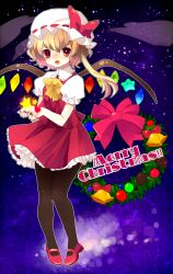 Rule 34 | 1girl, bad id, bad pixiv id, blonde hair, christmas, female focus, flandre scarlet, hat, ia (artist), ia (carat), merry christmas, pantyhose, ponytail, red eyes, short hair, side ponytail, solo, embodiment of scarlet devil, touhou, wings, wreath