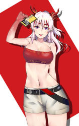 Rule 34 | 1girl, :d, arknights, arm behind back, arm up, bandeau, bare arms, bare shoulders, breasts, cleavage, collarbone, commentary request, cowboy shot, grey shorts, hair between eyes, half updo, headhunting permit (arknights), highres, holding, horns, long hair, looking at viewer, medium breasts, midriff, multicolored hair, navel, nian (arknights), open mouth, partial commentary, pointy ears, purple eyes, red background, red hair, shorts, silver hair, simamo, smile, solo, standing, stomach, strapless, streaked hair, thighs, tube top, two-tone background, white background